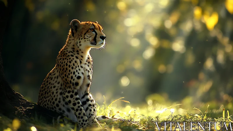 Solitary cheetah resting under forest light beams.