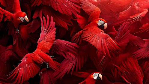 Vivid Scarlet Macaws in Flight, Dynamic Close-Up Wildlife Artwork.