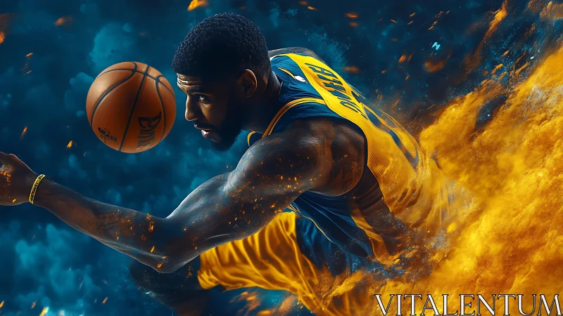 Dynamic basketball player in blazing blue and gold motion trail.