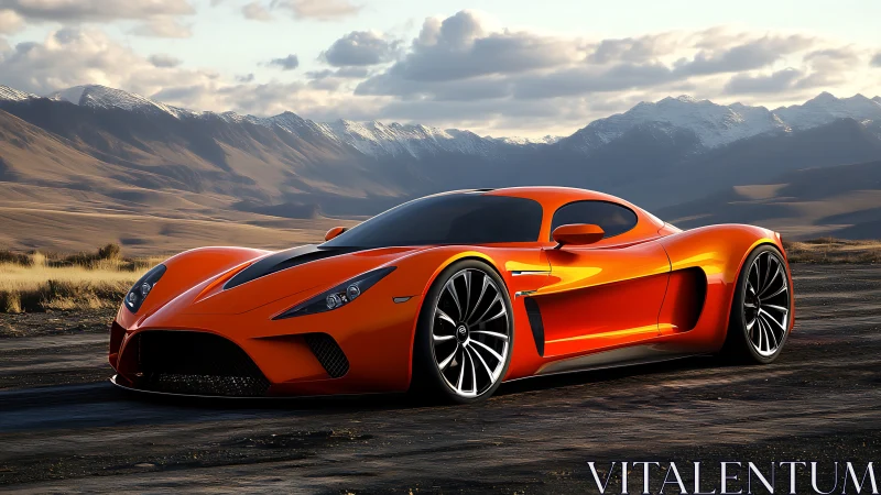 Orange sports car is parked on a rugged mountain roadway