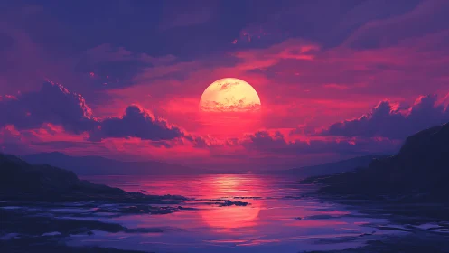 Neon sun sinks over reflective sea under magenta clouds