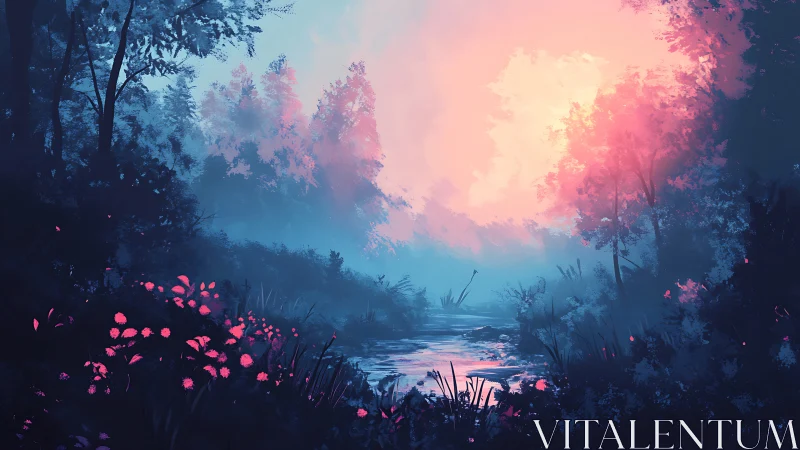 Glowing forest stream at twilight with neon pink flowers