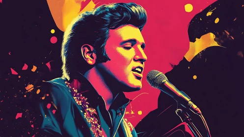 Retro crooner in neon palette performing at microphone stand.