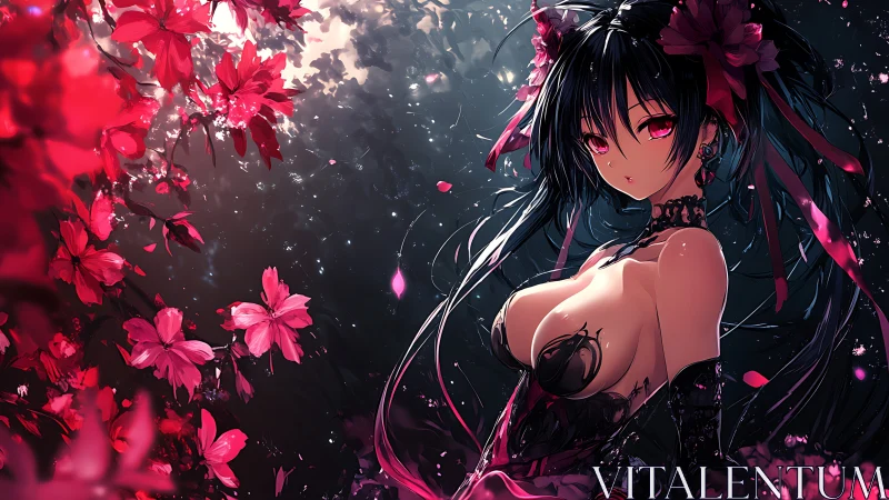 Dark gothic anime girl amid glowing crimson blossoms.