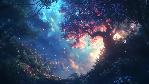 Bioluminescent Arboreal Canopy with Chromatic Light Diffusion Through Leafwork.