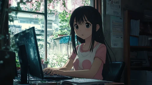 Quiet afternoon at the computer with soft spring light.