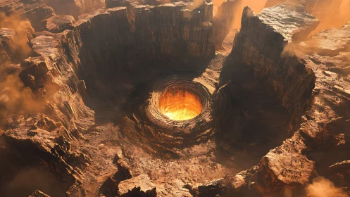 Glowing canyon crater with a fiery heart of molten light.