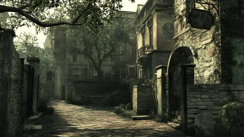 Sunlit abandoned alley winds through overgrown stone ruins