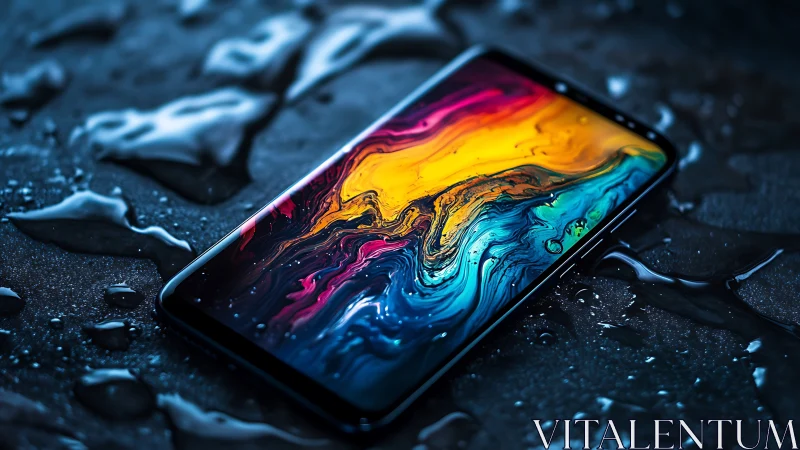 Liquid neon galaxies swirl across a rain kissed smartphone.