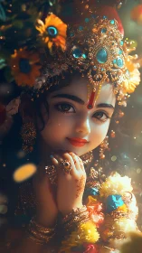 Radiant child in jeweled crown gazes with gentle, sparkling wonder