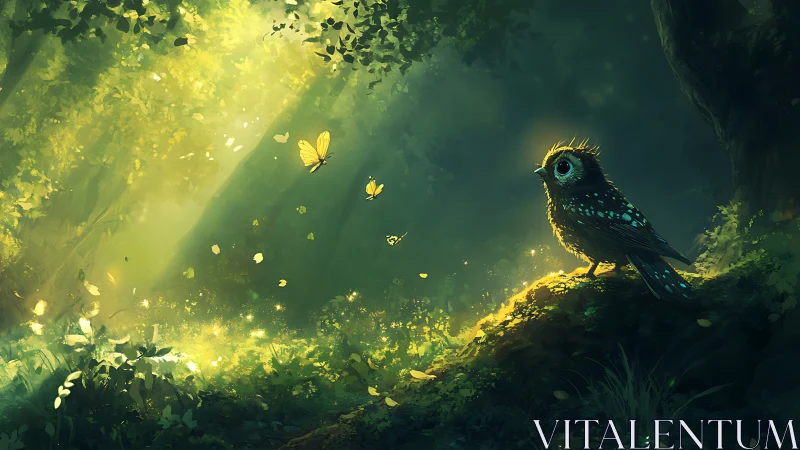 Enchanted owl in magical forest with glowing butterflies, digital art.