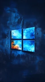 Cool glowing window logo brightens a deep textured blue wall