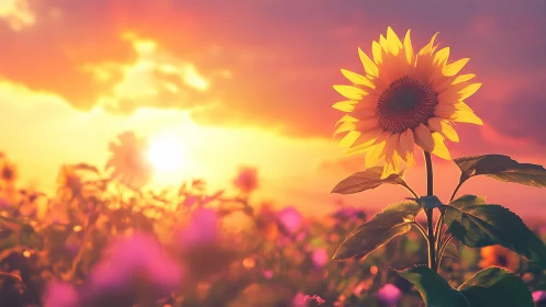 Single sunflower in warm sunset over blurred flower field.