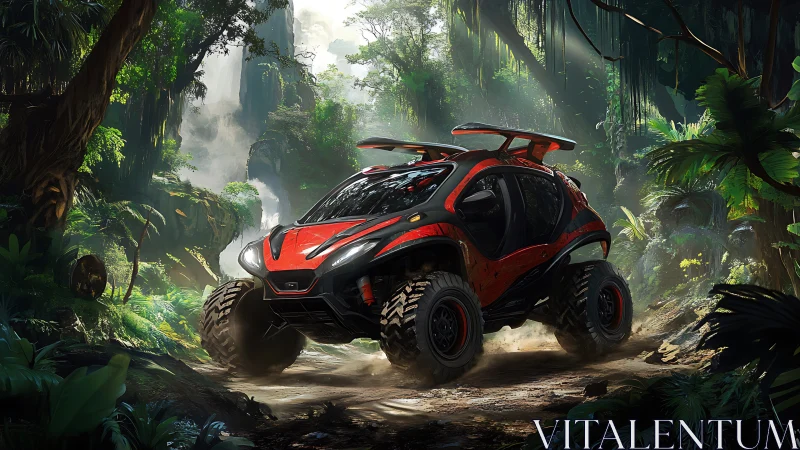 Off-road buggy with oversized tires navigates dense jungle trail