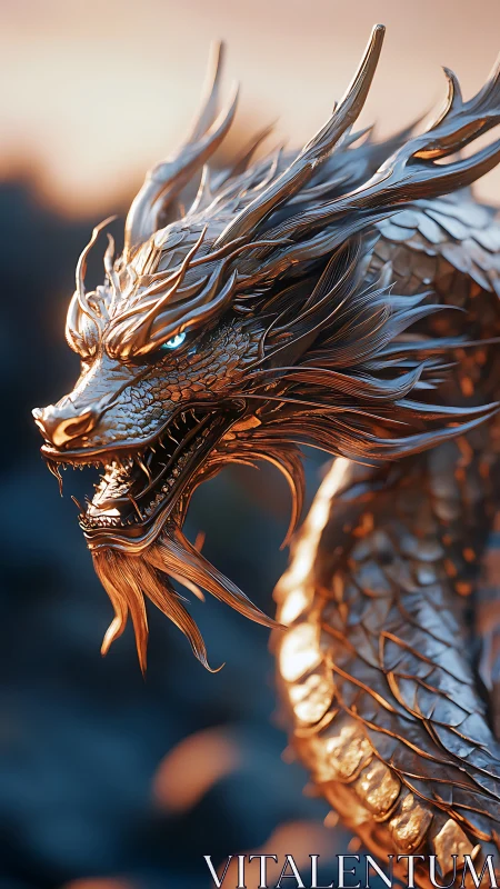 Sunrise-forged dragon sentinel with molten metal scales.