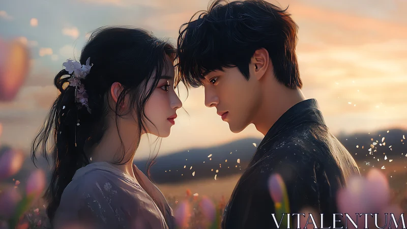 Two figures locked in intimate gaze amid glowing flower field.