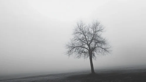 Lonely bare tree rises from fog on a silent winter field.