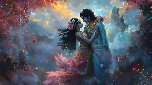 Celestial Lovers Dance Through Blooming Clouds of Light