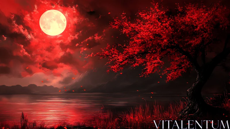 Lunar-illuminated crimson shoreline with radiating arboreal silhouette.