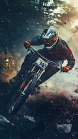 Mountain biker descends wet forest trail in dynamic close-up