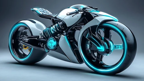 Futuristic neon-trimmed hubless electric motorcycle prototype.