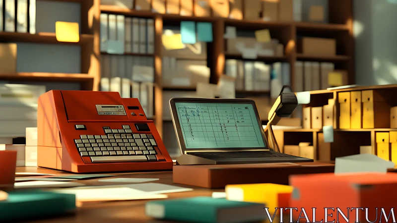 Retro calculator and laptop on cluttered office desk.