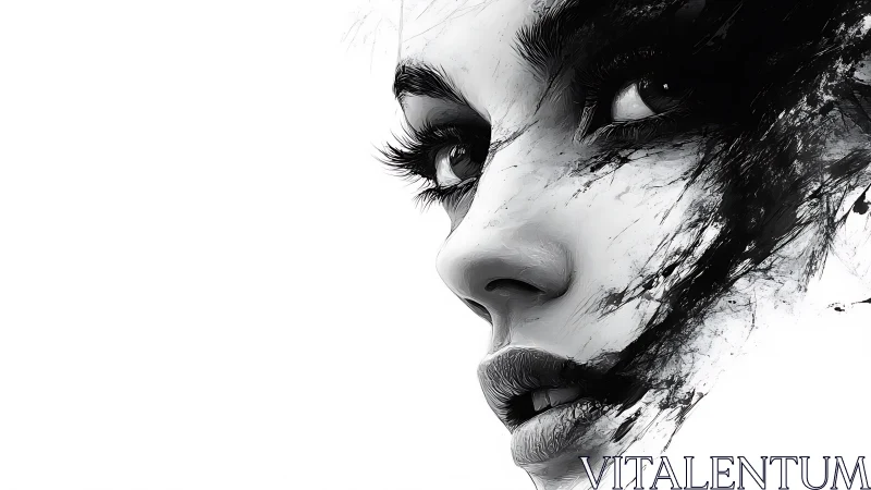 Monochrome female portrait dissolves into abstract ink strokes.