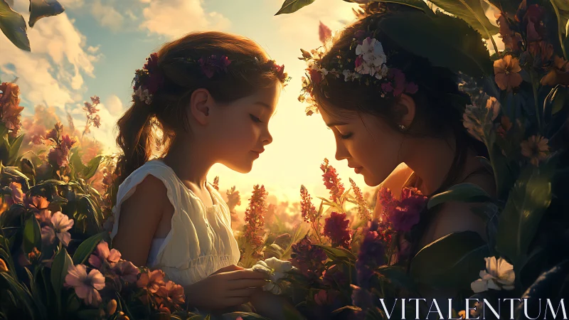 Two Young Women in Vibrant Floral Setting with Golden Hour Lighting