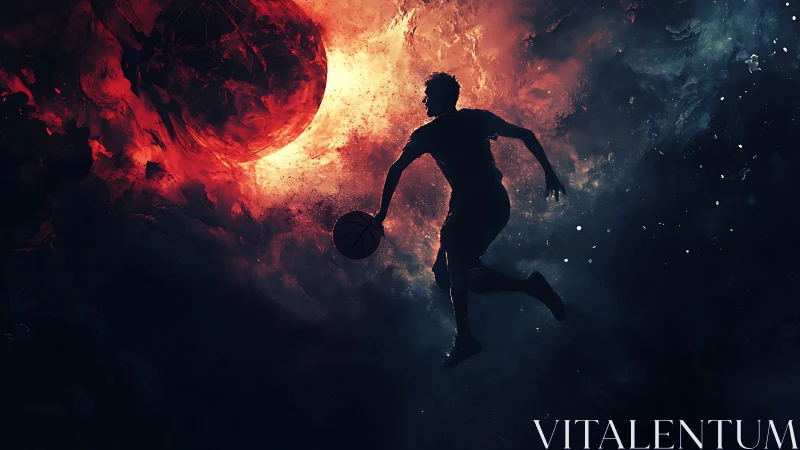 Cosmic basketball dreamer leaping through fiery starlight.