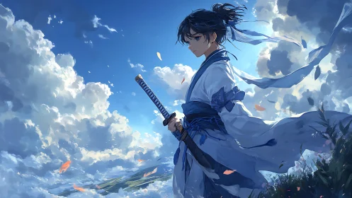 Samurai figure in blue robes standing against clouded sky.