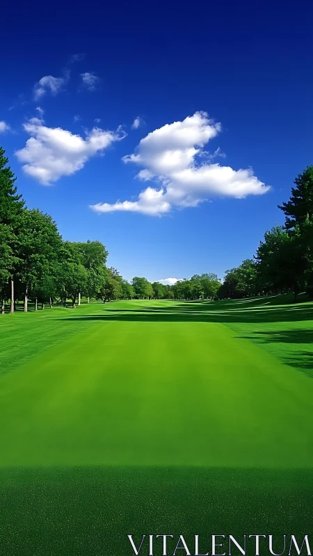 Sunny golf fairway under clear blue afternoon sky.