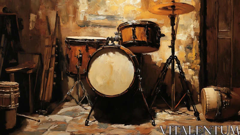Weathered drum kit resting in warm studio corner.