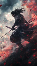 Armored samurai on smoky battlefield with crimson embers swirling