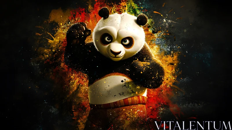Playful martial arts panda bursting with colorful energy.