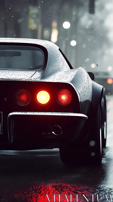 Rear classic sports car under rain with reflective wet asphalt