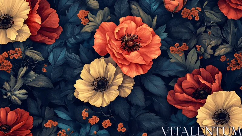 Layered floral composition with contrasting warm blooms against deep navy background