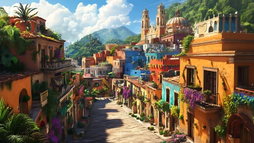 Sunlit hillside ciudad blooms in layered tropical color.