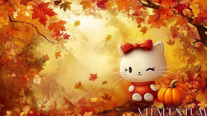 White Anthropomorphic Cat with Red Bow in Autumn Setting