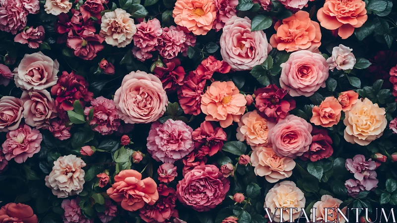 Full frame rose garden in pink, coral, and burgundy tones.