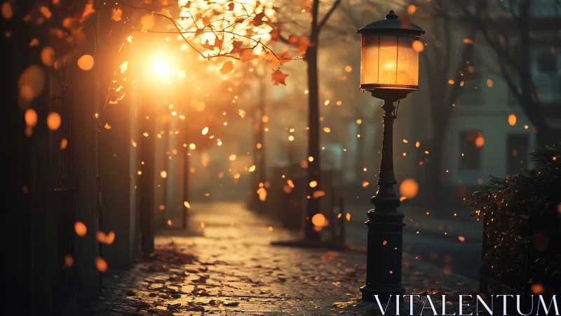 Glowing streetlamp illuminates cobblestone path at sunset