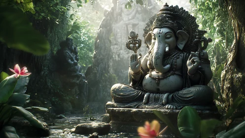 Elephant-headed deity statue sits in dense forest clearing