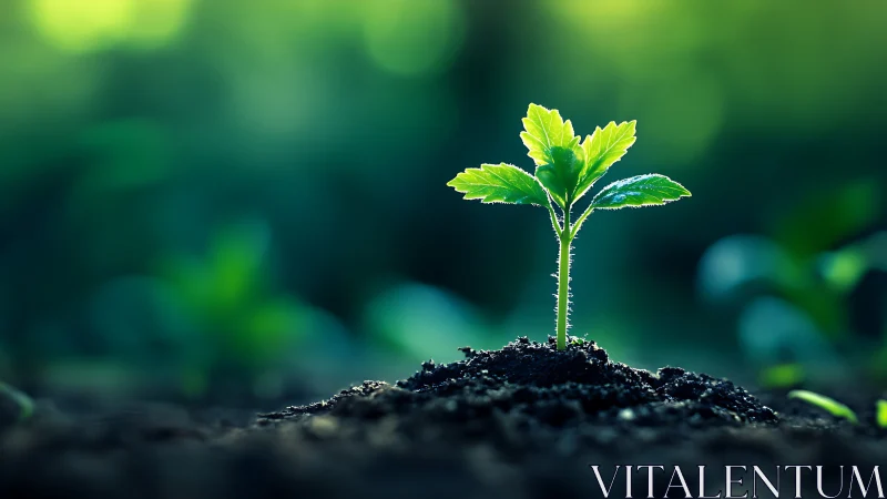 Young green seedling emerging from rich dark soil.