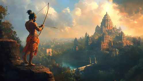 Archer overlooks vast temple city under dramatic sunrise light