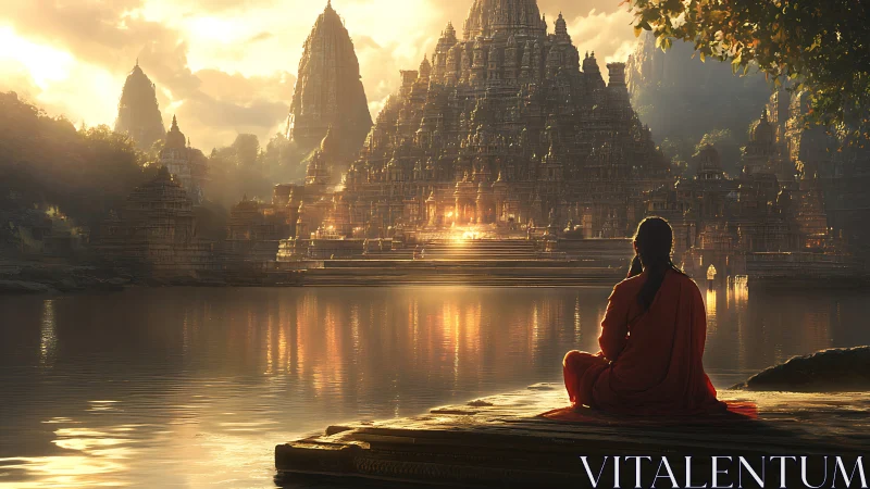 Monk in orange robes meditates before luminous riverside temple.