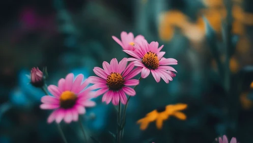 Pink Daisies Against Blurred Teal Garden Background.