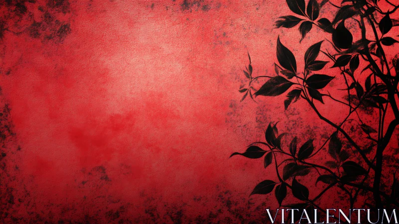 Soft red canvas glows behind graceful black leaf silhouettes