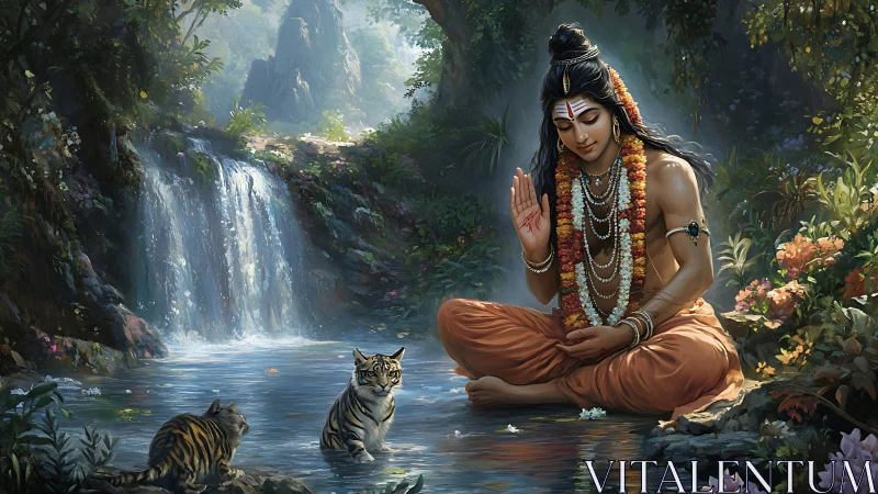 Seated ascetic raises hand beside tigers in forest stream