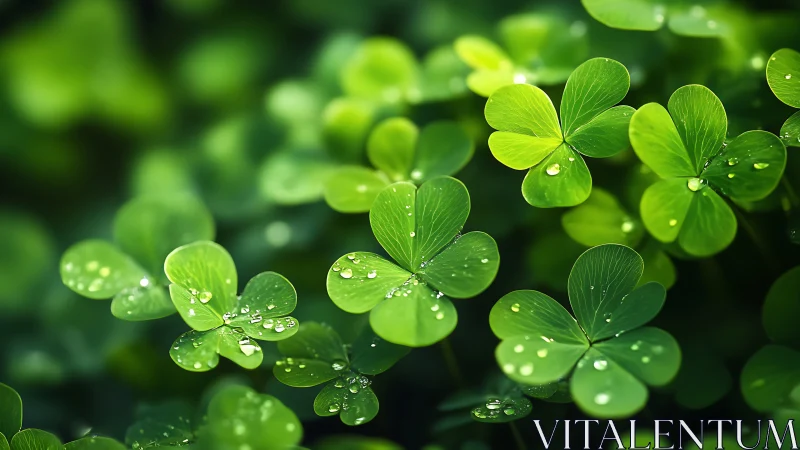 Fresh clover leaves with morning dew in soft green light