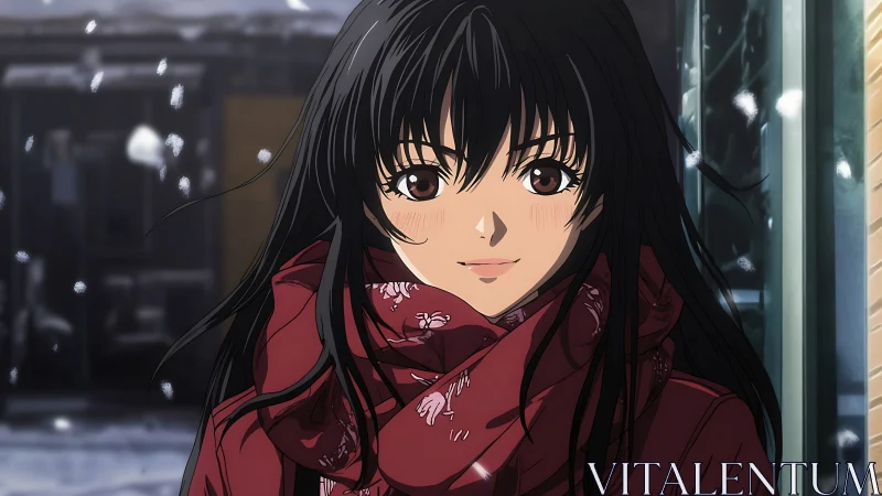 Smiling girl in red scarf walks through softly falling snow