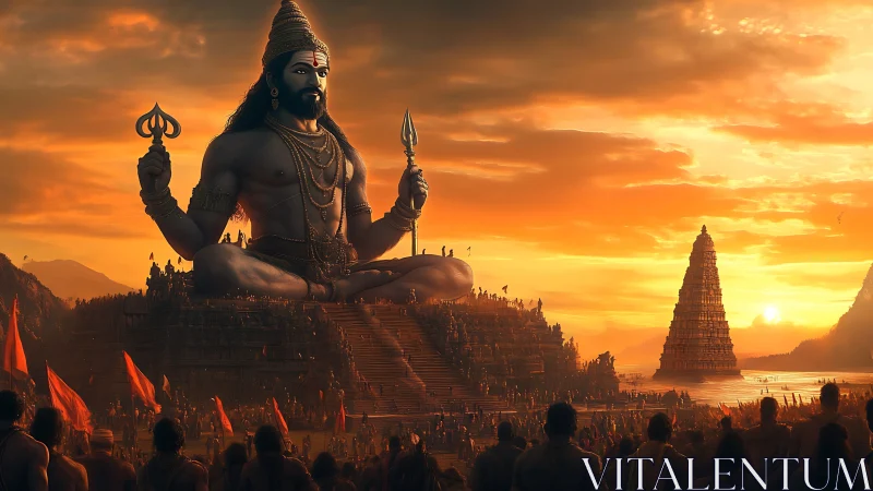 Colossal Hindu deity statue rises over sunset temple gathering